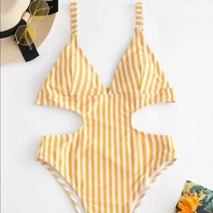 Zaful Yellow & White Striped Monokini Swimsuit